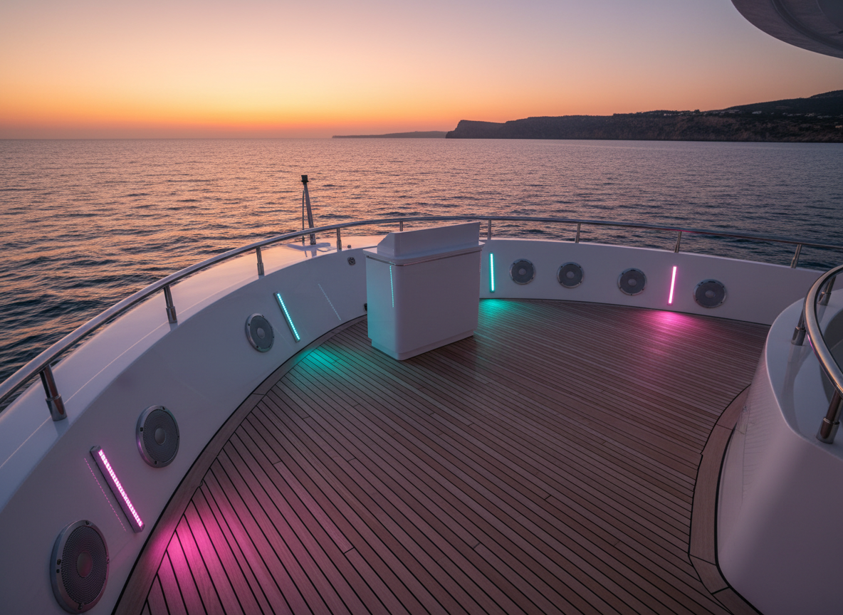 A luxurious private boat party setup on the deck of a sleek white yacht off the coast of Mallorca at sunset. A compact yet powerful sound system with weather-resistant speakers is elegantly integrated along the railings, facing an empty open deck with a small, glossy white DJ console secured near the center. Slim battery-powered LED uplights cast soft magenta and cyan accents against polished metal surfaces, subtly reflecting on the calm sea. The sky glows in orange and pink hues, mixing with the colored lighting for a dreamy, exclusive ambiance. Photographic realism, captured from a low, slightly diagonal angle that shows the deck stretching toward the horizon, with a balanced depth of field that keeps both equipment and seascape in clear, sophisticated detail.