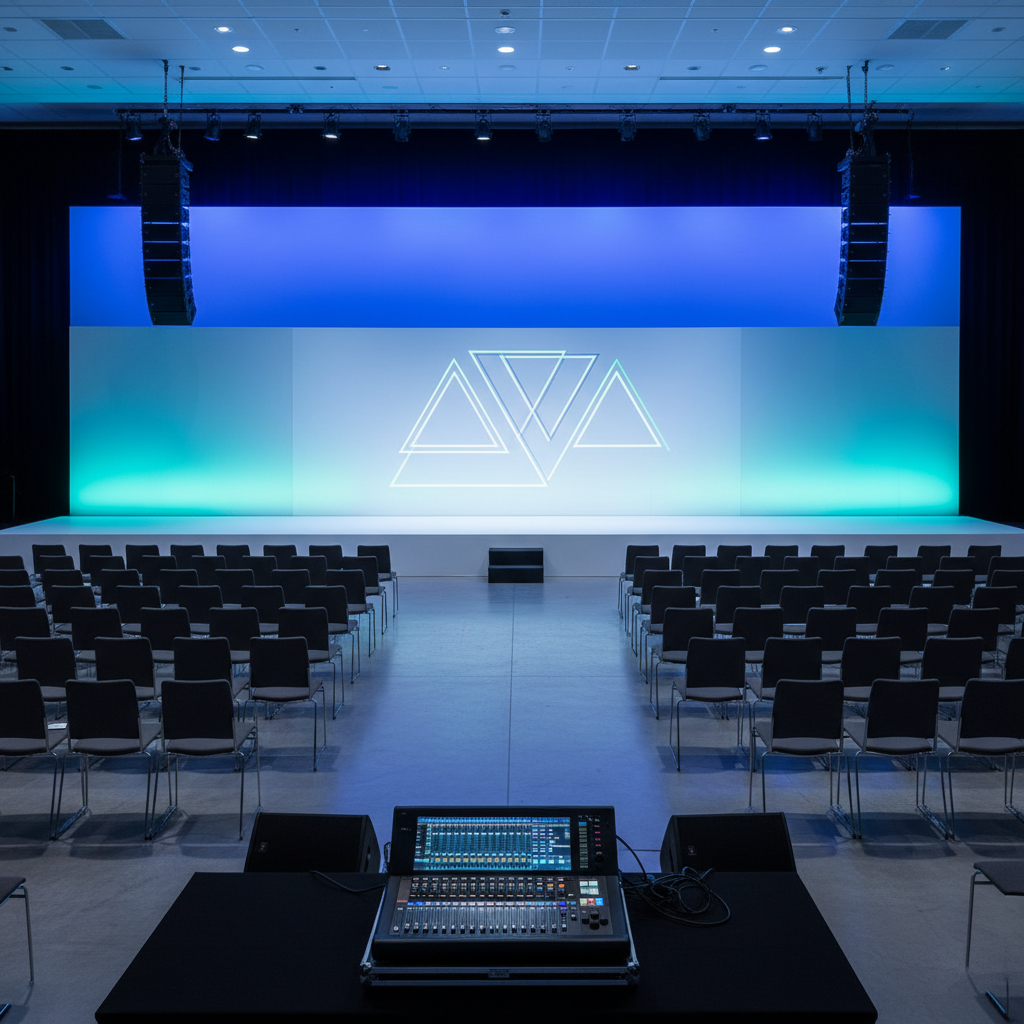 A high-end corporate event stage setup inside a modern Mallorca conference venue. At center, a wide, minimalist stage features a clean white backdrop illuminated by precise, cool-toned LED wash lighting that subtly gradients from deep blue to soft turquoise. Sleek black line-array speakers are flown on either side, while carefully aligned floor monitors and a professional digital mixing desk sit in the foreground. Branded content is implied through abstract geometric shapes projected on the backdrop, avoiding any readable text. The room is empty, chairs neatly arranged in rows. Even, controlled artificial lighting creates a crisp, professional feel. Photographic realism, shot from a slightly elevated angle with sharp focus throughout, emphasizing order, clarity, and premium production quality.