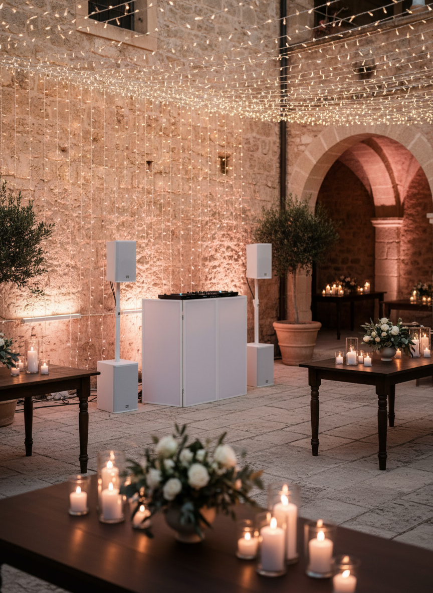 An intimate wedding sound and lighting design prepared in a rustic-chic Mallorca finca courtyard. A refined DJ booth with a matte white facade and clean black equipment stands beneath a canopy of string lights. Discreet column speakers flank the booth, while slim LED bars cast soft champagne and blush tones onto honey-colored stone walls. Candles and simple floral arrangements decorate nearby wooden tables, all empty. Golden hour sunlight blends naturally with the warm artificial glow, creating a romantic, timeless mood. Photographic realism, composed with rule-of-thirds framing and a shallow depth of field, focusing sharply on the booth and speakers while the background décor gently blurs, conveying an exclusive, carefully curated wedding atmosphere.